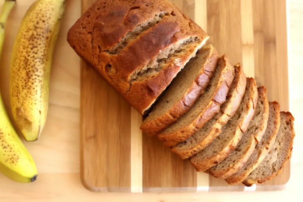 Mixing mashed bananas with other ingredients to make banana bread batter.