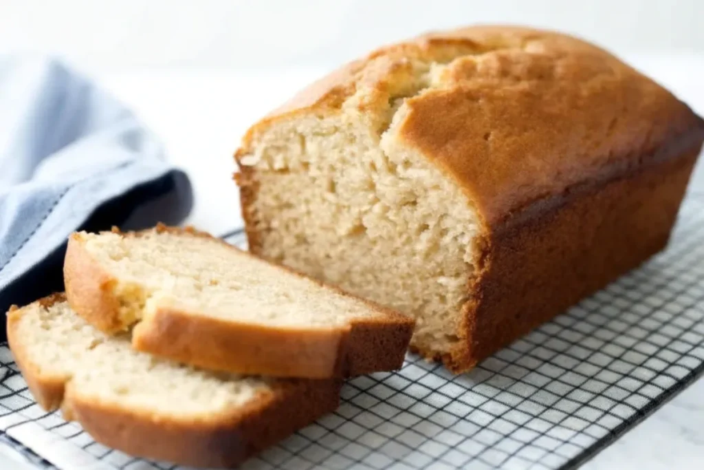 Freshly baked banana bread loaf cooling on a wire rack.