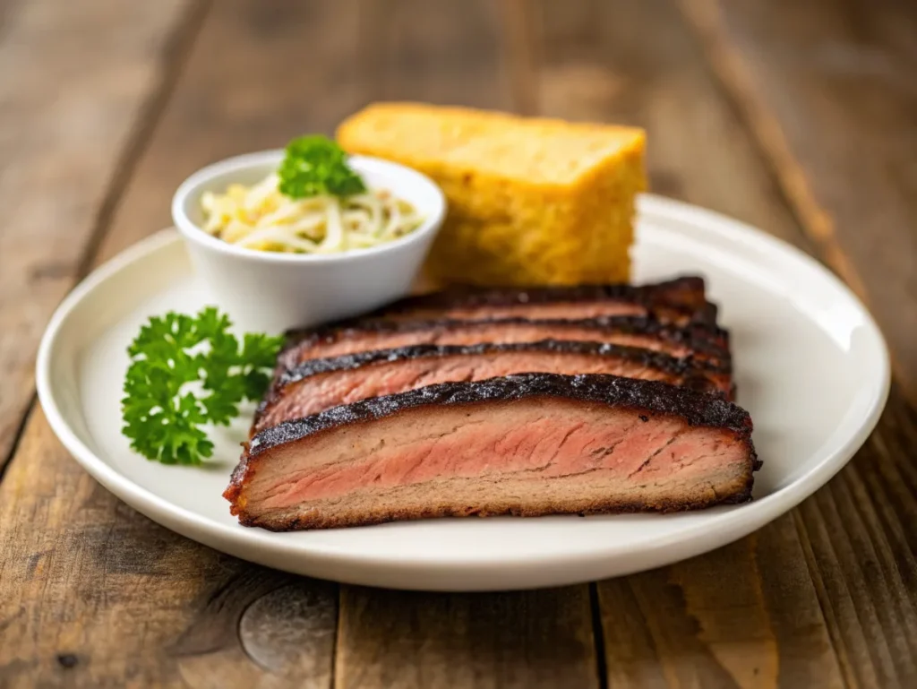 Texas brisket bacon recipe plated with sliced brisket topped with caramelized bacon, served with coleslaw and cornbread on a rustic table."