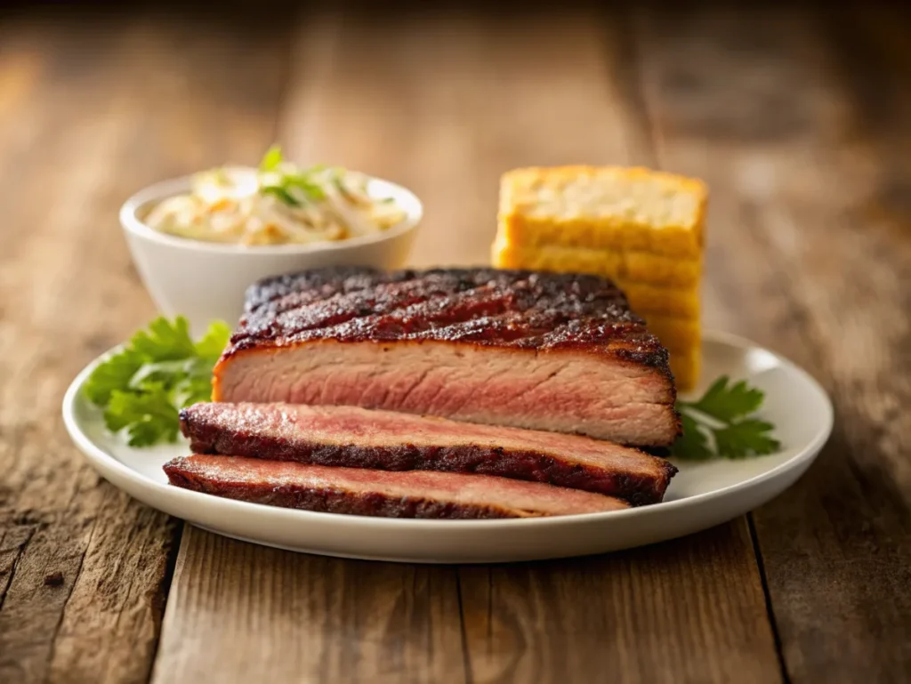 Texas brisket bacon recipe plated with sliced brisket topped with caramelized bacon, served with coleslaw and cornbread on a rustic table.