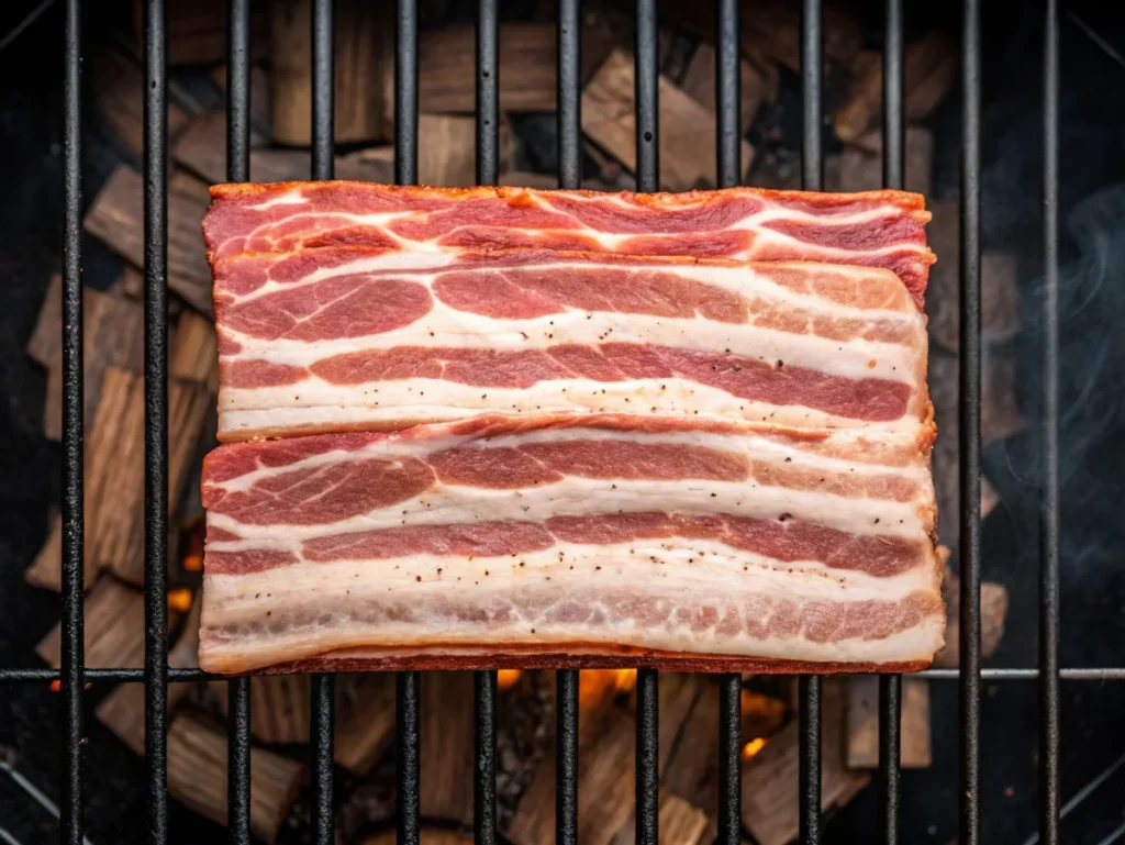 Step-by-step preparation of Texas brisket bacon recipe, showing seasoned brisket with thick-cut bacon being layered on a smoker grill.