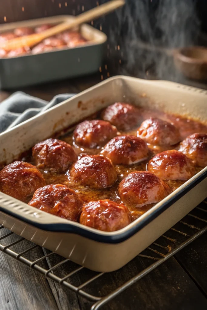 Ham balls baking with sweet glaze