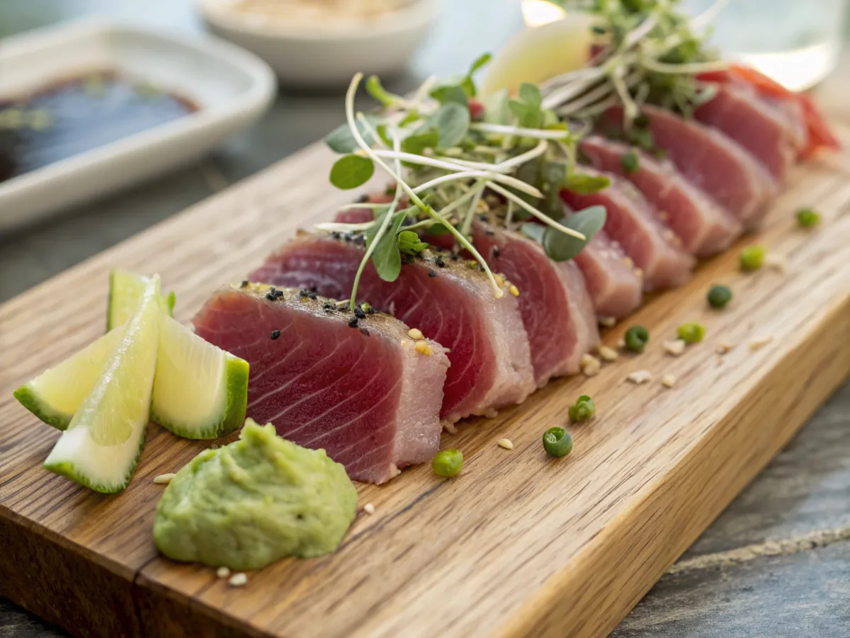 Sashimi-grade raw bluefin tuna slices displayed on a wooden board with garnishes for a gourmet recipe.