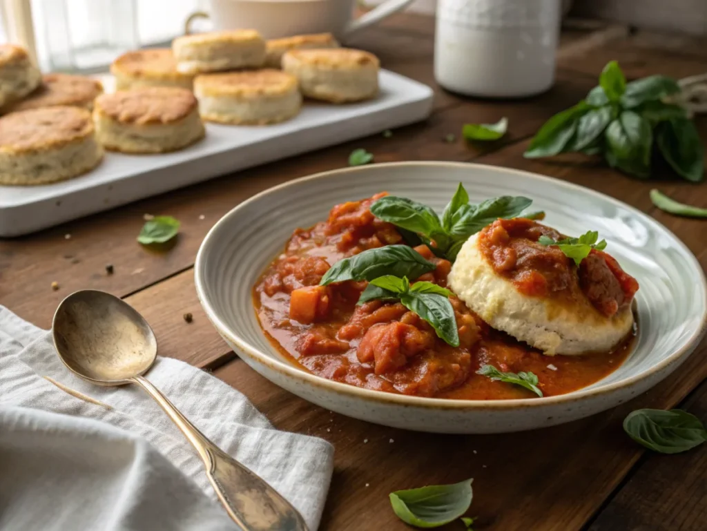 Homemade tomato gravy recipe served over biscuits, rich and velvety with fresh basil garnish, perfect for breakfast.