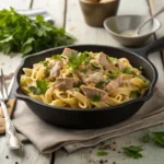 Creamy tuna helper recipe with pasta and herbs in a skillet.