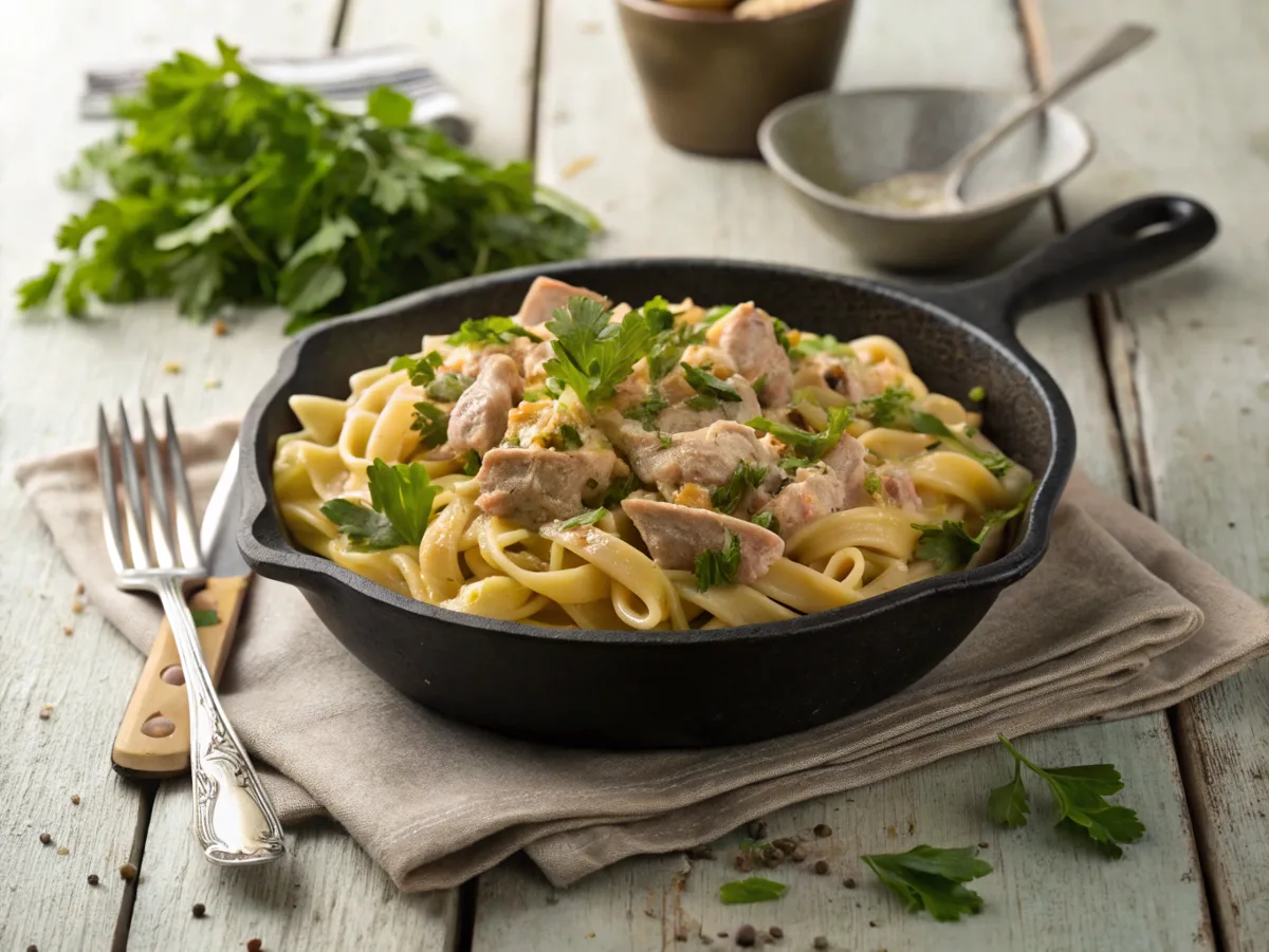 Creamy tuna helper recipe with pasta and herbs in a skillet.