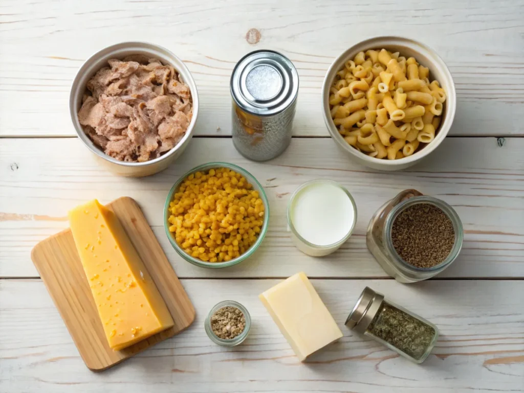 Ingredients for tuna helper, including canned tuna, pasta, milk, butter, and cheese.