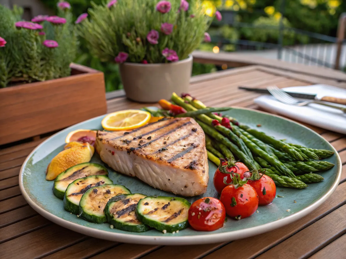 Grilled bluefin tuna steak with charred vegetables like zucchini, asparagus, and cherry tomatoes, plated elegantly for a gourmet meal.