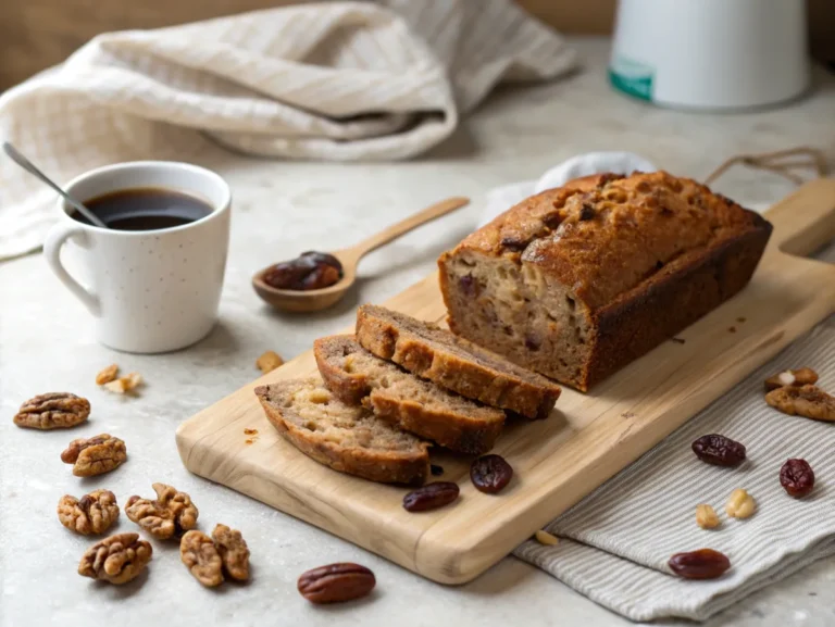 Freshly baked date nut bread loaf, sliced to reveal its moist texture, placed on a wooden cutting board with walnuts and dates scattered around.