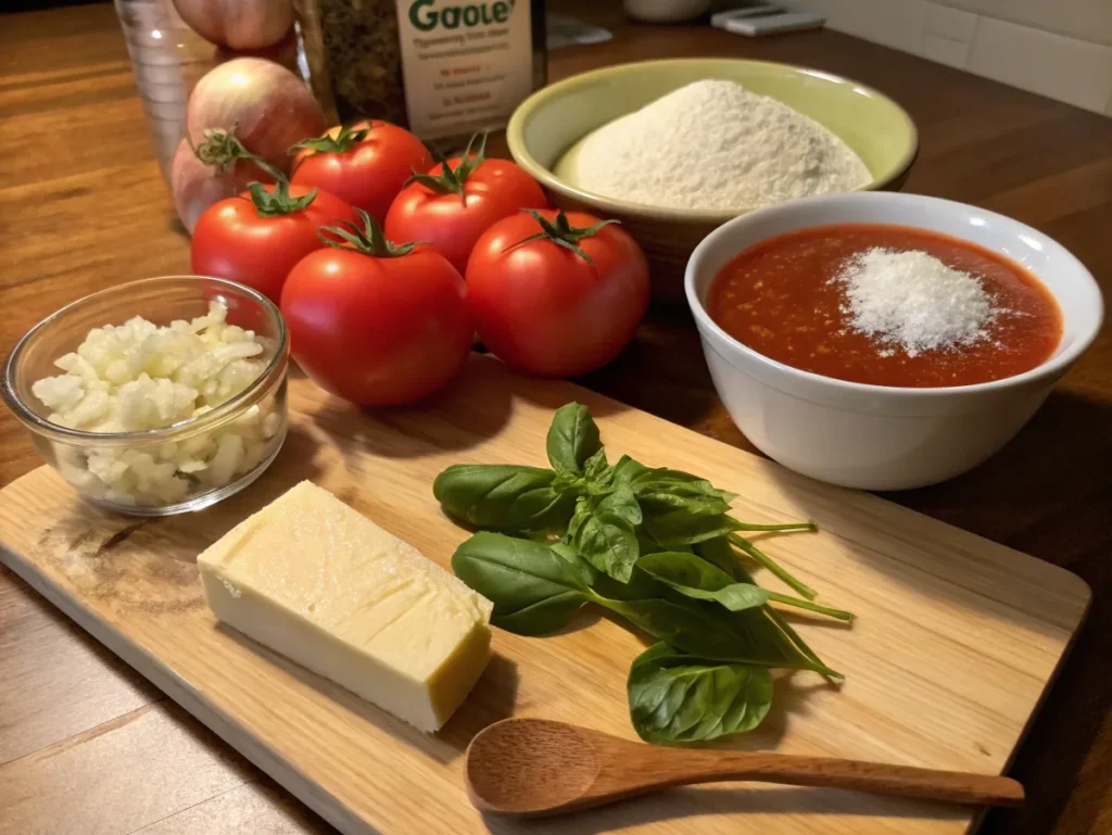 Ingredients for a tomato gravy recipe, including fresh tomatoes, butter, onions, garlic, flour, broth, and herbs, laid out on a wooden countertop.