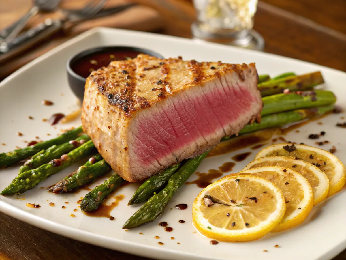 Perfectly pan-seared bluefin tuna steak with a golden crust and rare center, served with grilled asparagus and lemon wedges.