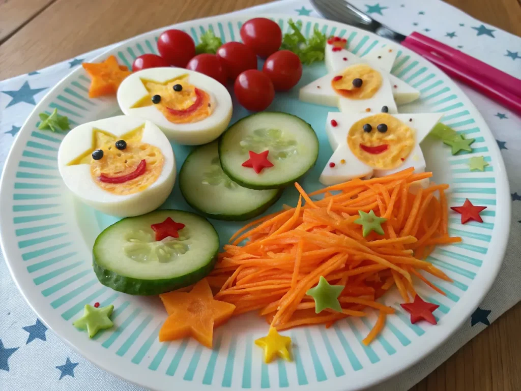 Creative egg breakfast for a 3-year-old featuring egg shapes with fun vegetable decorations forming faces