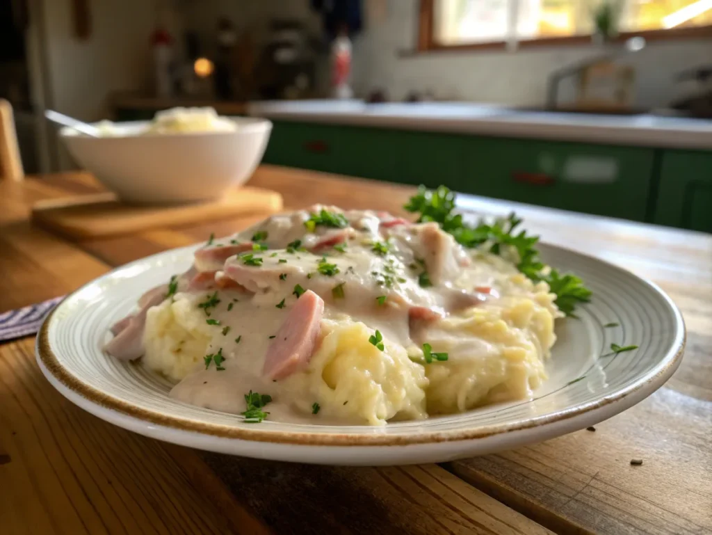 Final presentation of ham gravy served over mashed potatoes, garnished with parsley, showcasing the perfect ham gravy recipe.