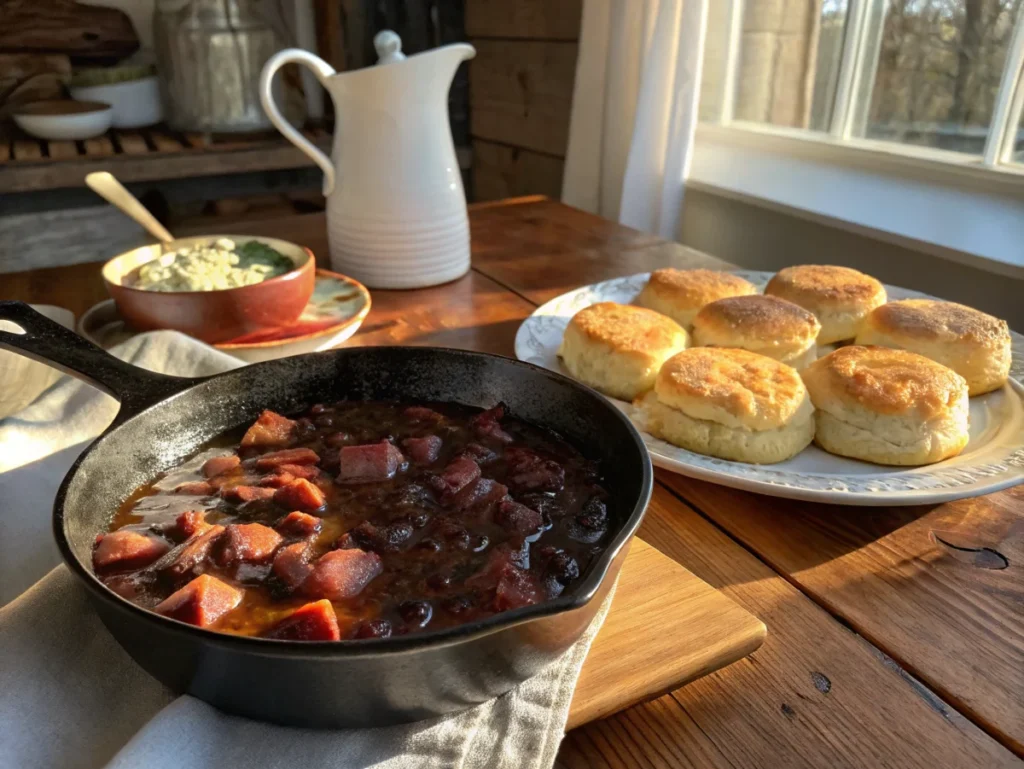 Southern red eye ham gravy in a skillet, served with a plate of golden biscuits, highlighting this bold variation of the ham gravy recipe.