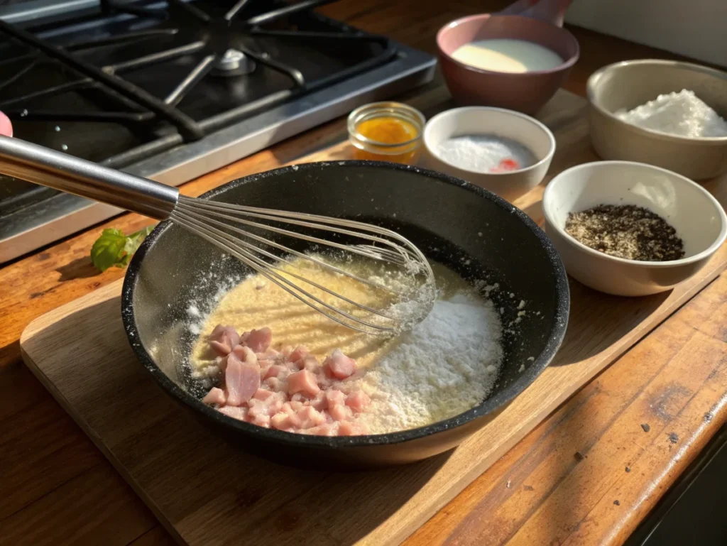 Preparation of a roux for ham gravy, with ham drippings whisked in a cast iron skillet during the cooking process.