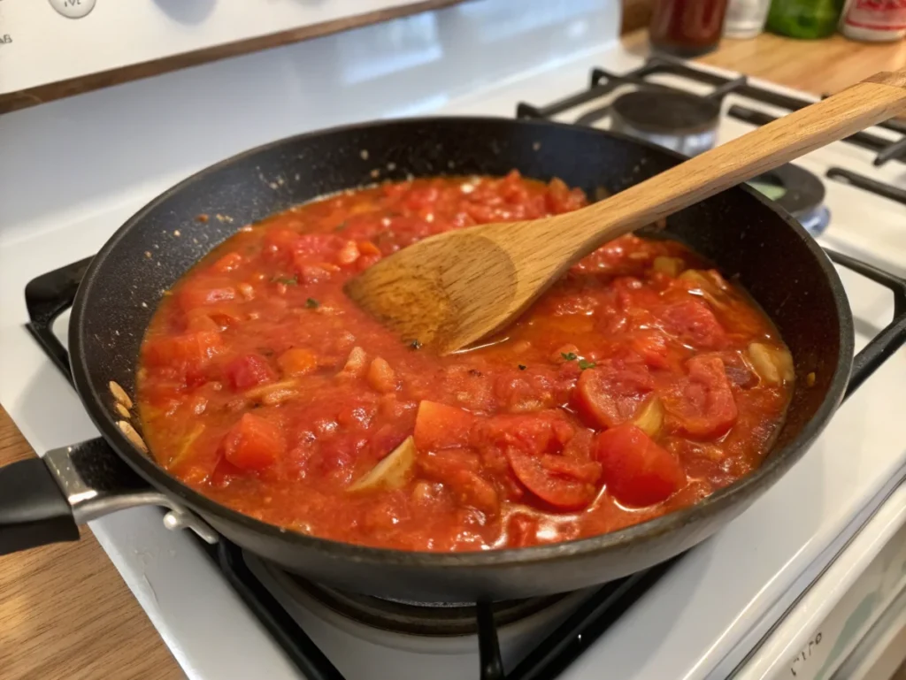 Simmering tomato gravy recipe in a skillet, showing fresh tomatoes, onions, and garlic being cooked into a rich, thick sauce.