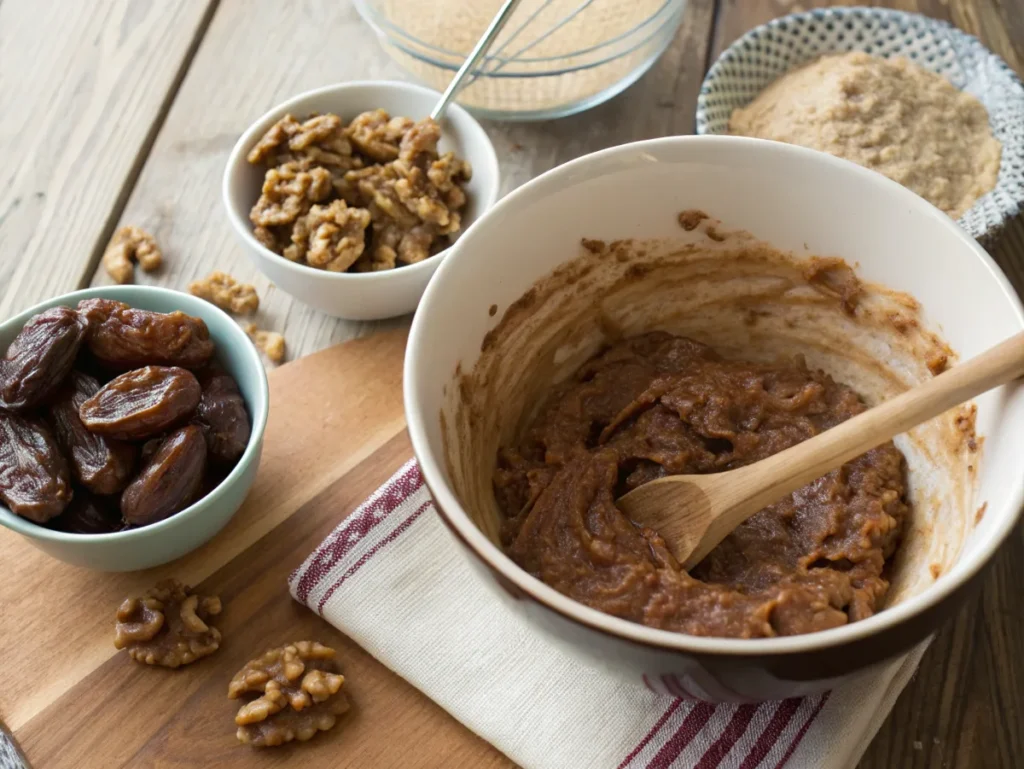 Mixing bowl with date nut bread batter being folded with a wooden spoon, surrounded by small bowls of ingredients like dates, walnuts, and brown sugar on a rustic counter.