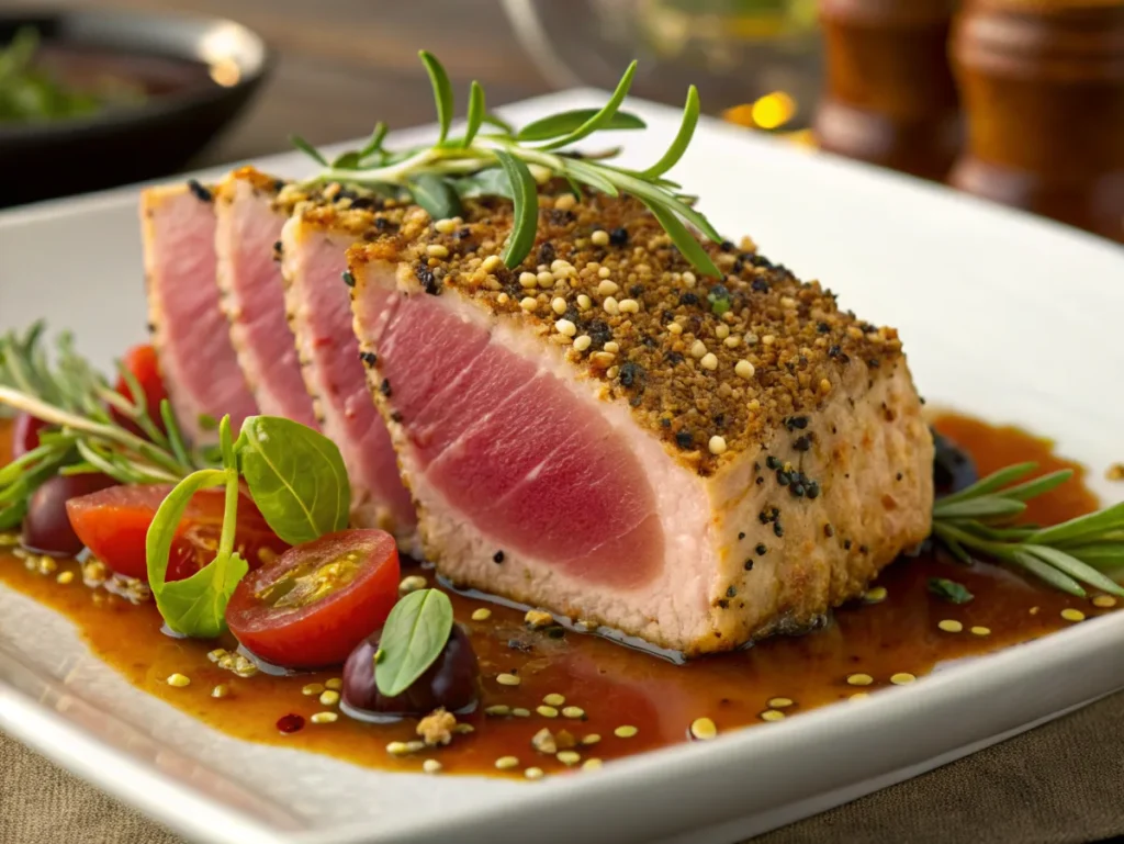 Close-up of a seared ahi tuna steak with a golden crust and garnished with sesame seeds