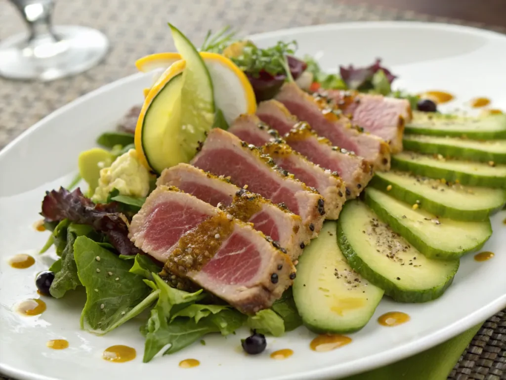 Sliced seared ahi tuna served on a plate with mixed greens and a light citrus dressing.