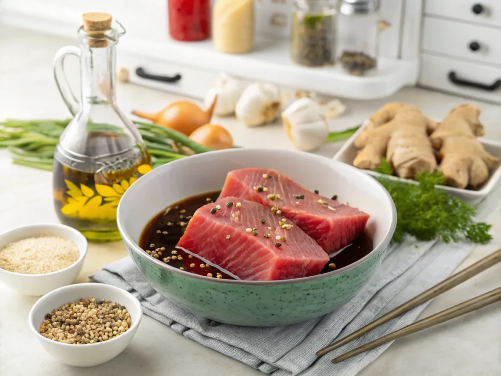 Fresh ahi tuna steaks being marinated in a soy and sesame oil mixture with garlic and ginger.