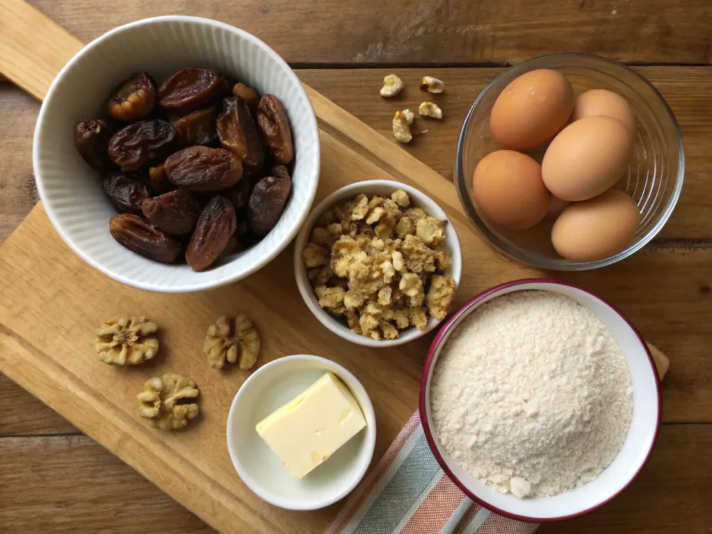 Ingredients for date nut bread, including pitted dates, chopped walnuts, flour, brown sugar, and eggs, arranged on a rustic wooden countertop.