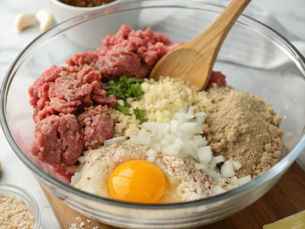 Fresh ground meat, breadcrumbs, eggs, onions, and seasonings in a bowl, ready to be mixed for meatballs.