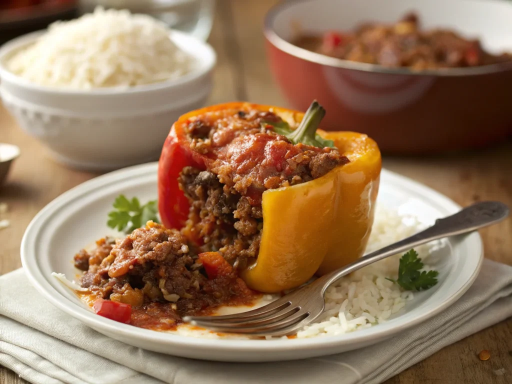 Close-up of a stuffed bell pepper cut in half, showing its hearty ground beef and rice filling with melted cheese on top.