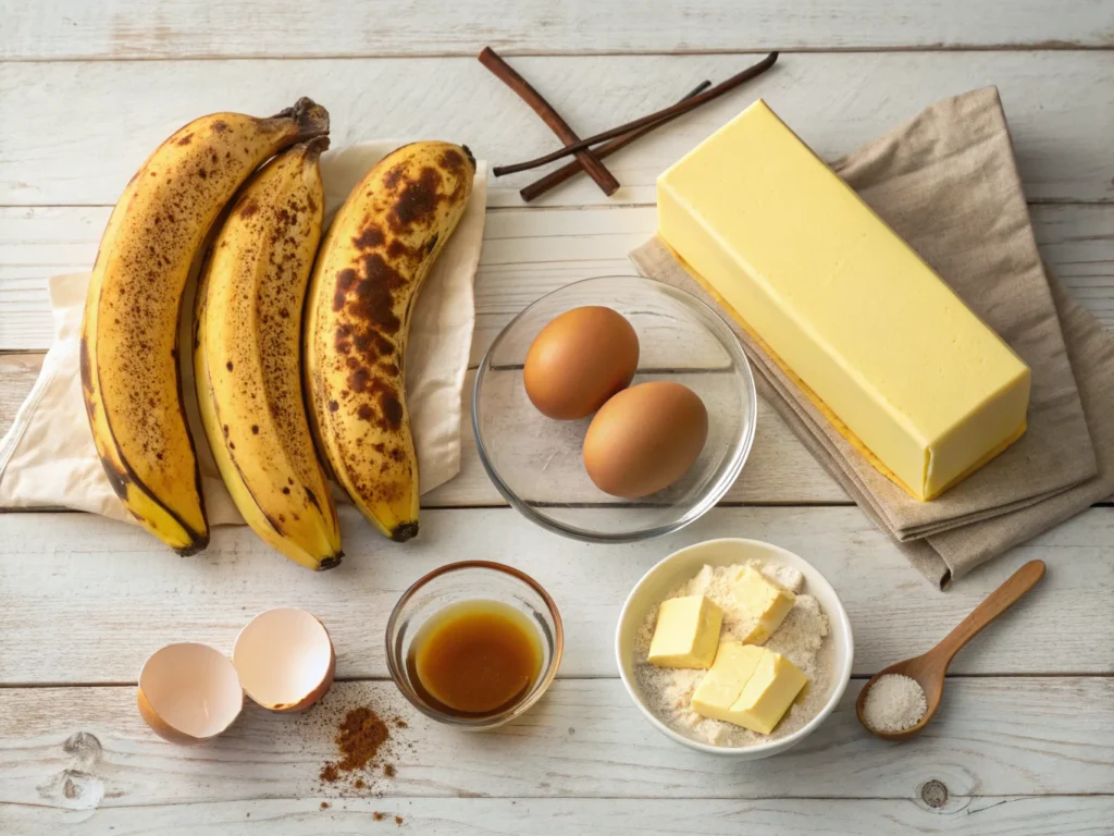 A flat-lay shot of all the ingredients for banana bread, including cake mix, ripe bananas, eggs, melted butter, vanilla extract, and cinnamon, arranged neatly on a wooden countertop.