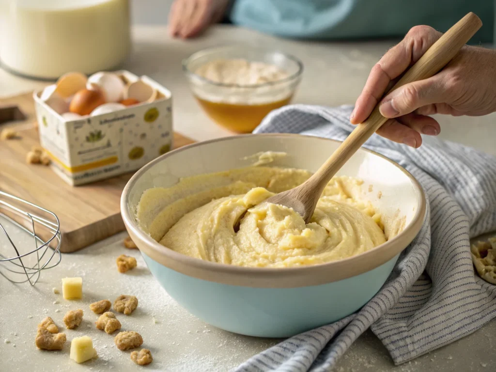 A close-up of a baker’s hands stirring banana bread batter in a large mixing bowl, with a wooden spoon. The batter is smooth and creamy, with visible banana pieces, and the cake mix box is slightly blurred in the background.