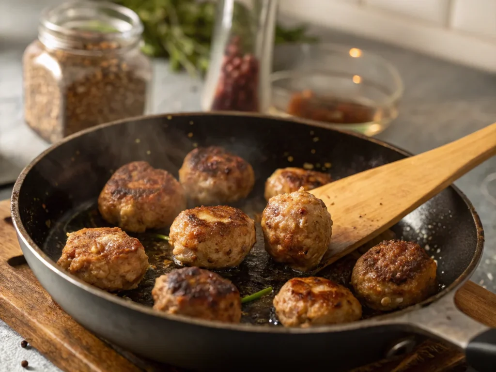 Meatballs sizzling in a pan, being browned to golden perfection with steam rising.