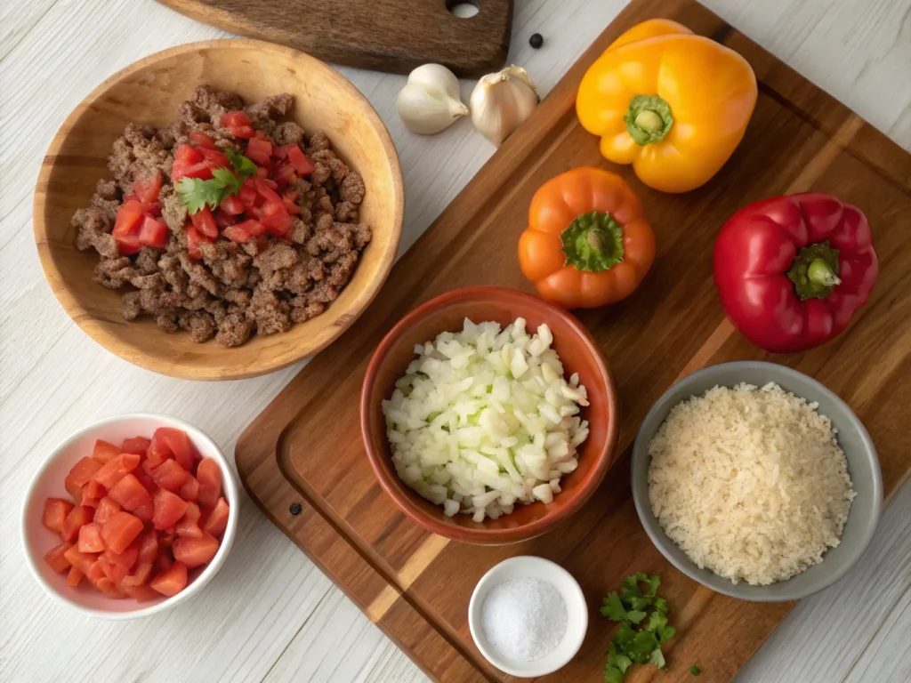 Top-down view of fresh ingredients for stuffed bell peppers, including ground beef, rice, tomatoes, and bell peppers, arranged on a wooden cutting board.