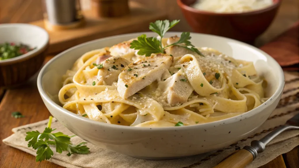 Chicken Alfredo recipe with jar sauce served in a creamy, rich sauce