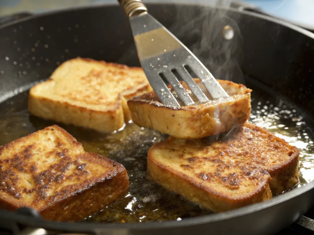 French toast cooking in a buttered pan to golden perfection.