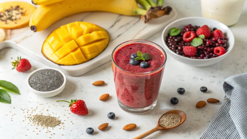 Fruit smoothies no yogurt in a glass with fresh fruit and ingredients