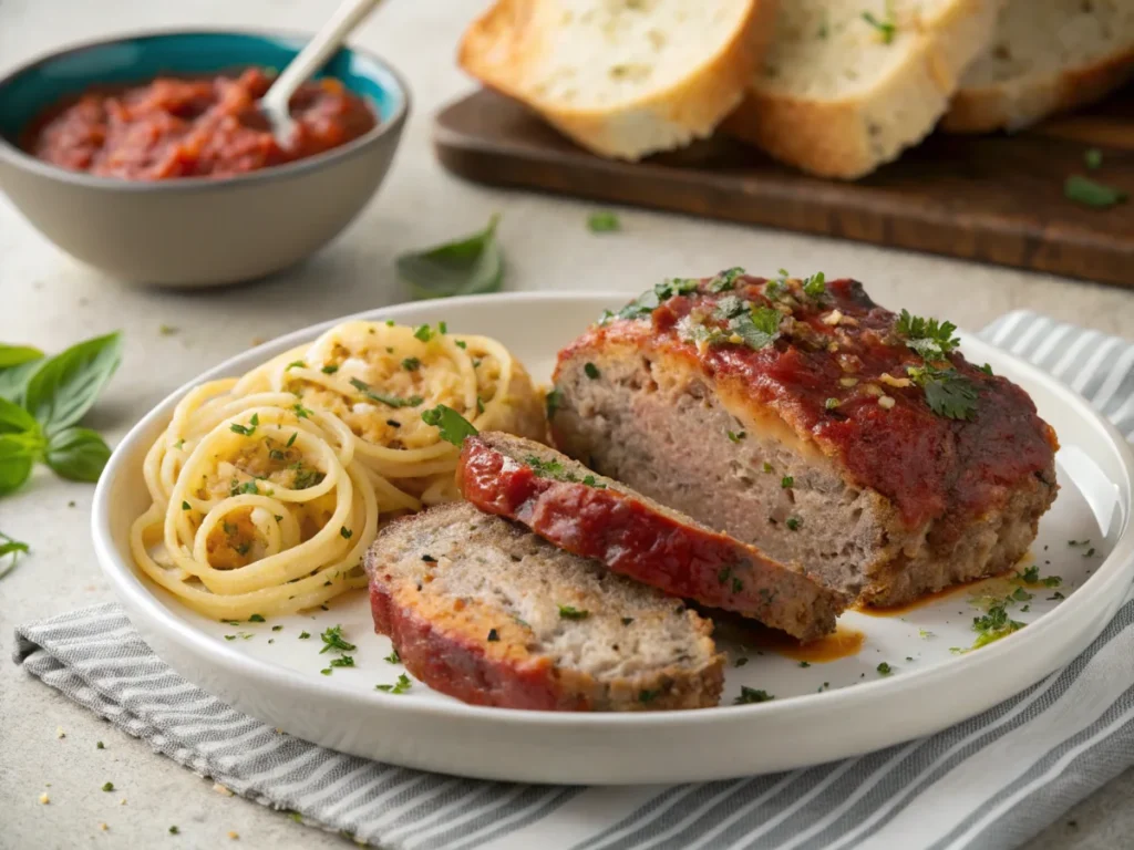 Italian Meatloaf Recipe with Pasta & Garlic Bread