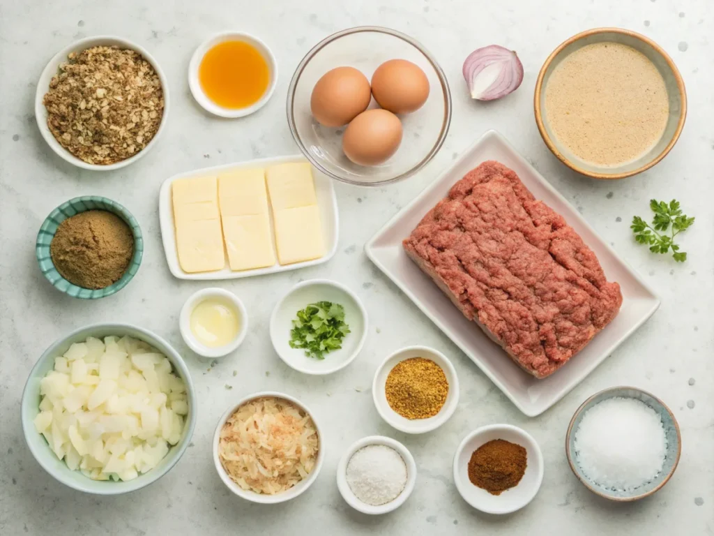 ngredients for Lipton Onion Soup Mix meatloaf, including ground beef and eggs.