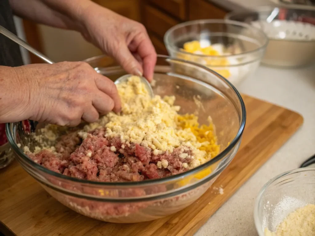 Mixing ground beef, eggs, and Lipton Onion Soup Mix for homemade meatloaf.