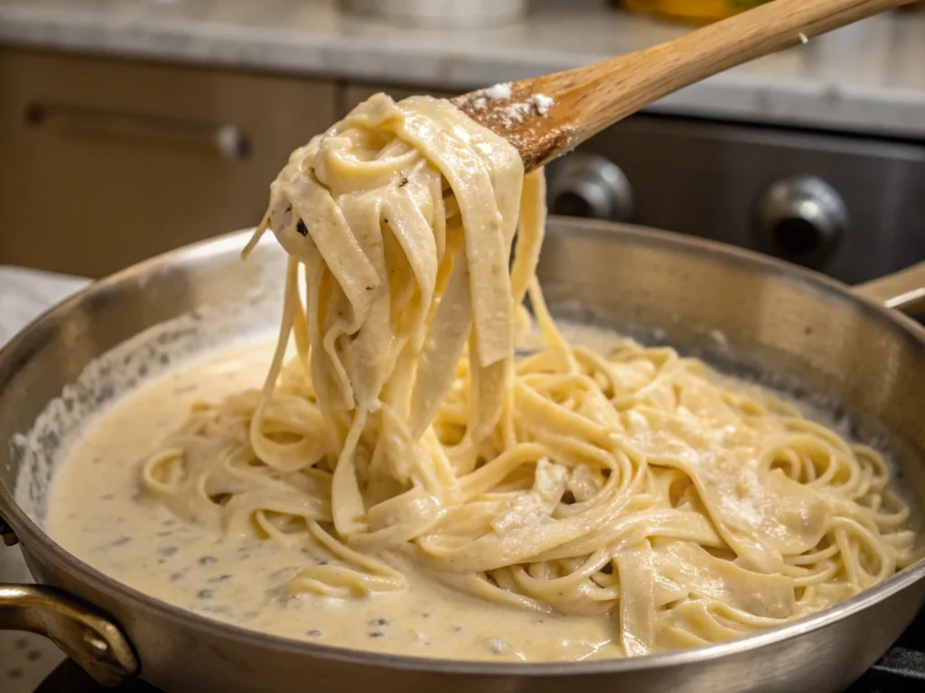 Tossing fettuccine pasta in a creamy Chicken Alfredo sauce.