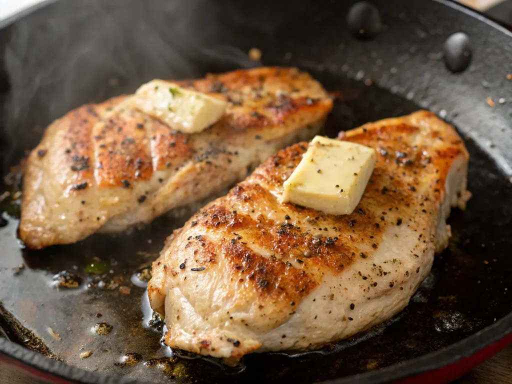 Pan-seared chicken breast for Chicken Alfredo recipe with jar sauce.