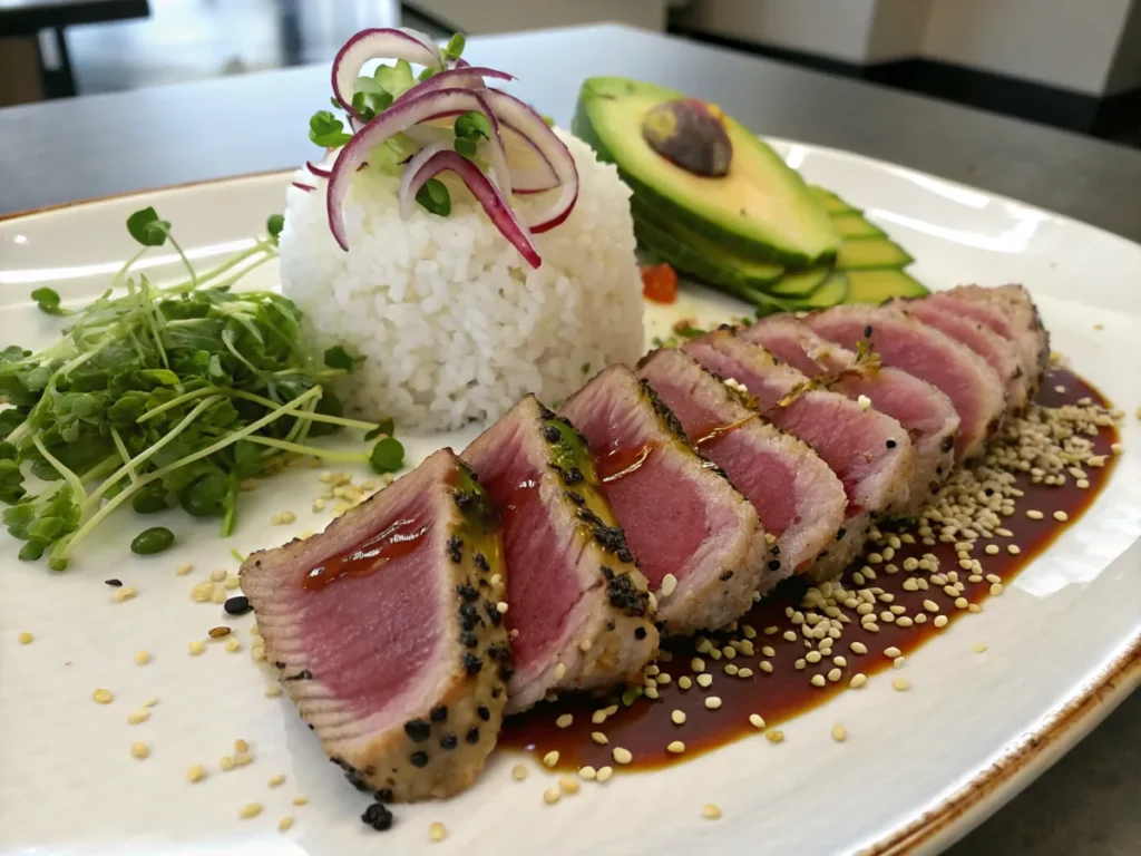Plated seared ahi tuna with jasmine rice and ponzu sauce