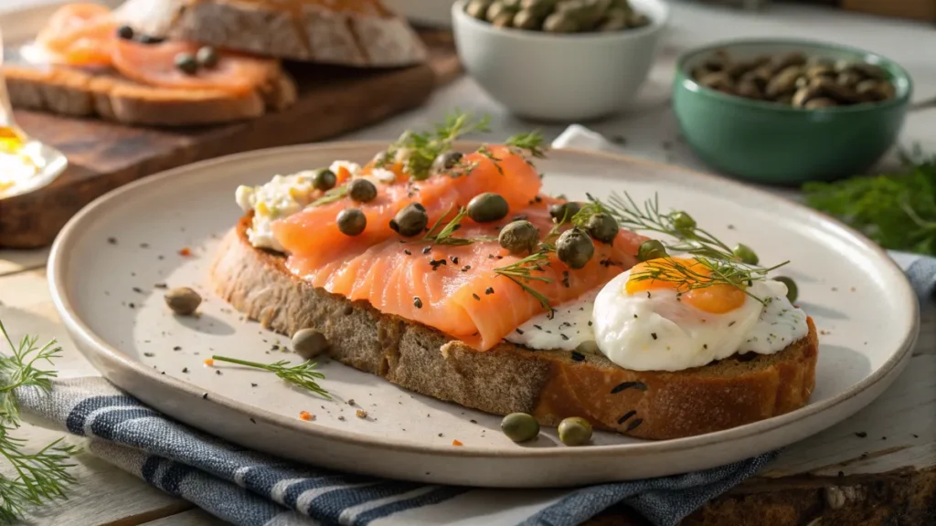 Smoked salmon breakfast ideas on sourdough with poached eggs
