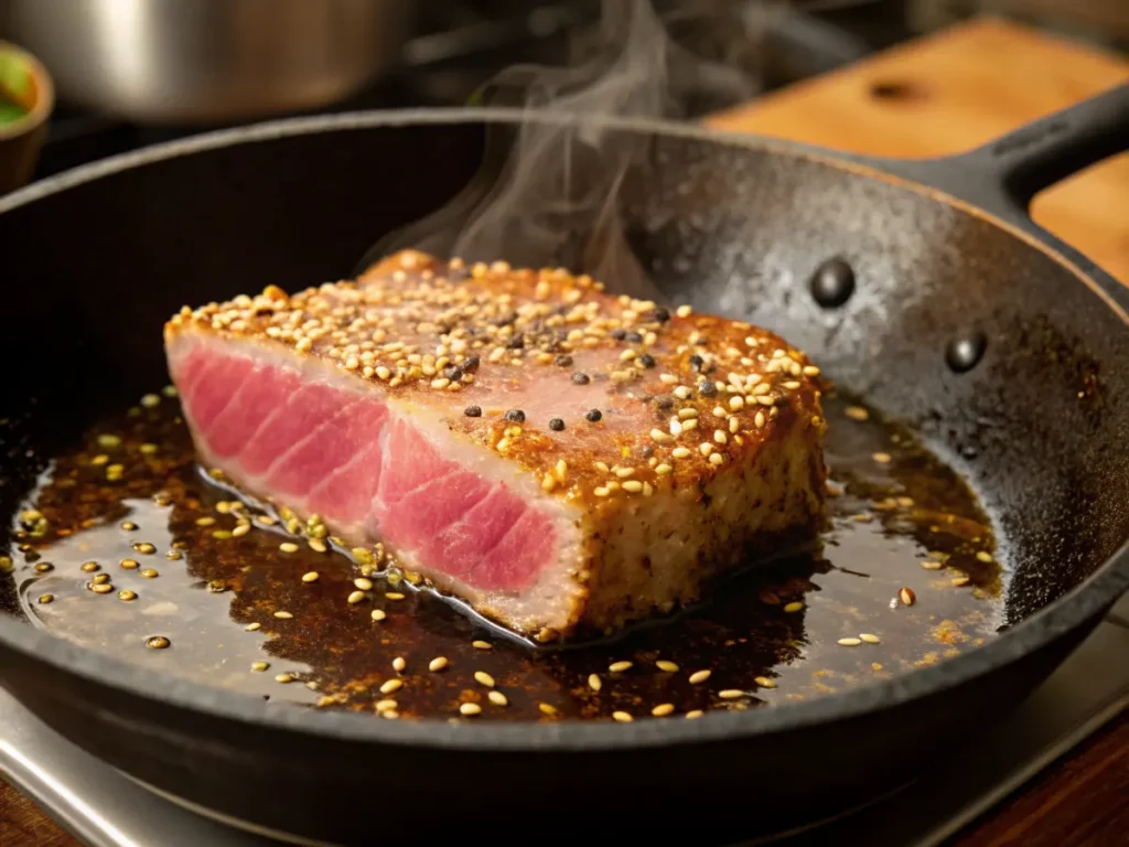 Searing ahi tuna steak in a hot pan
