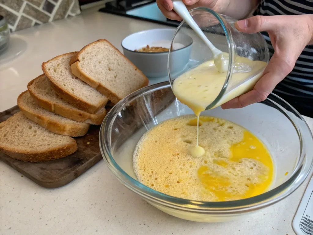 Dipping sourdough bread into egg mixture for French toast