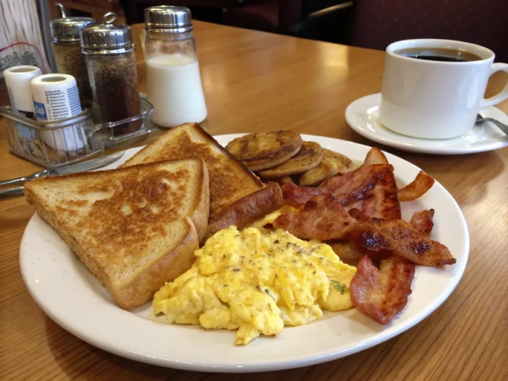 Sourdough French toast served with bacon and eggs