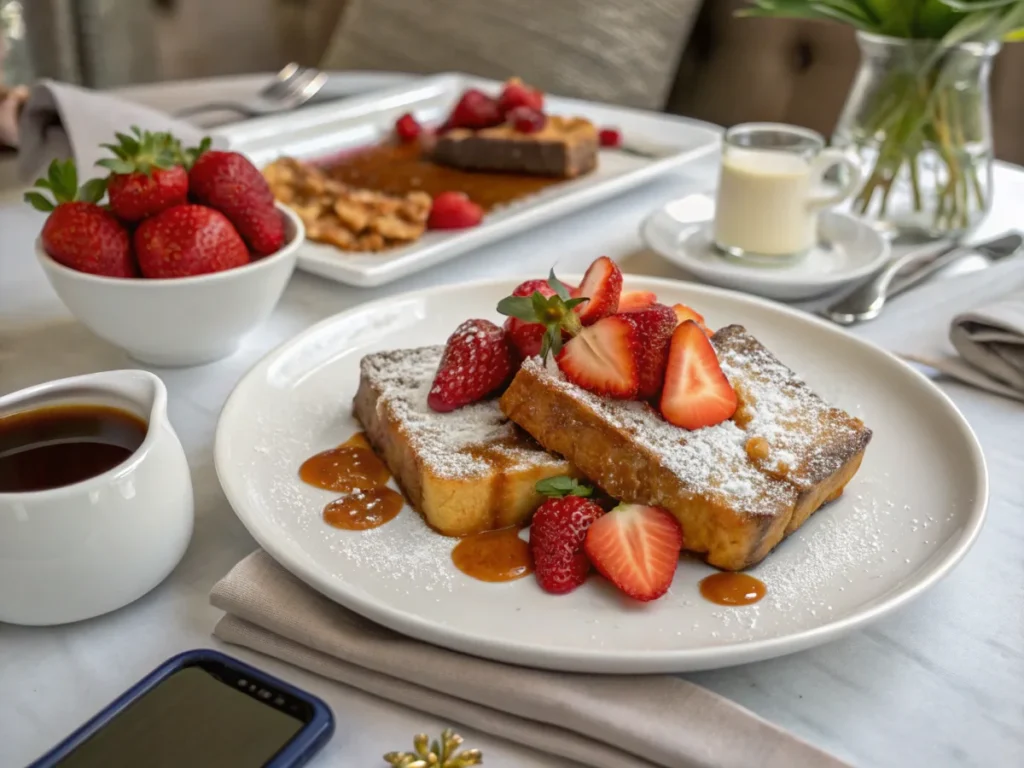 Sourdough French toast with strawberries and caramel sauce