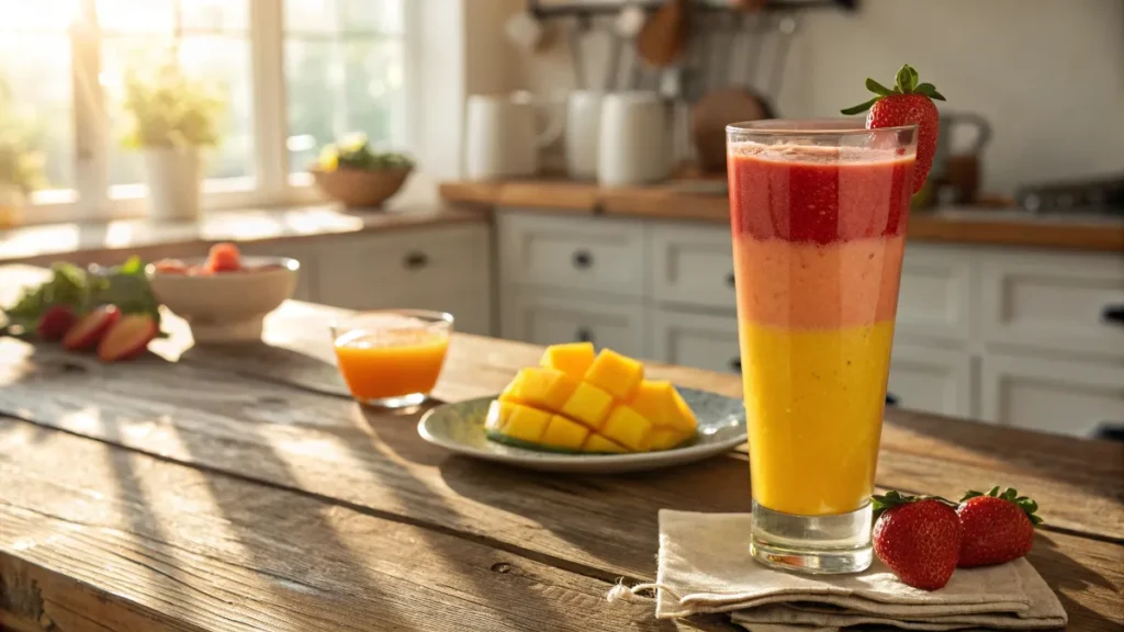 Tropical smoothie sunrise sunset with mango and strawberry layers